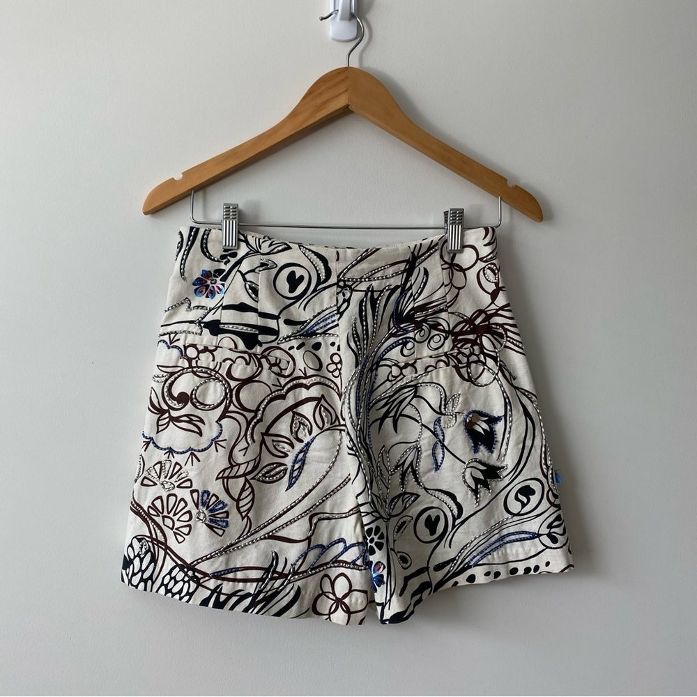 Zara High Waist 28 Ecru Print 100% Cotton Jewel Embroidered Shorts Small - Picture 3 of 16